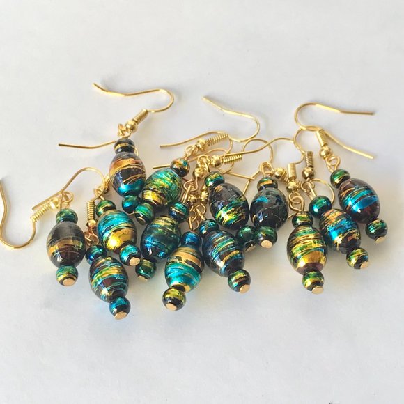 Blue Amber Murano Glass Earrings Bead Hand Painted Round Gold Plated - Picture 4 of 8